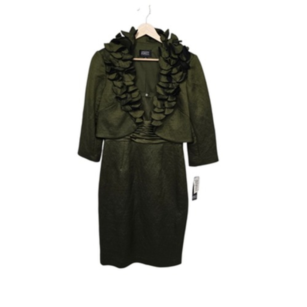 Adrianna Papell Dress Jacket Set Womens 6 Olive Sheath Ruffle Collar Ruched